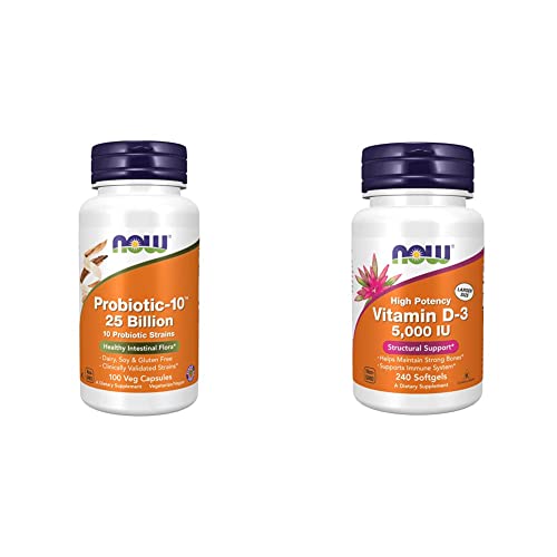 Bundle of NOW Supplements, Probiotic-10™, 25 Billion, with 10 Probiotic Strains, Dairy, 100 Veg Capsules...